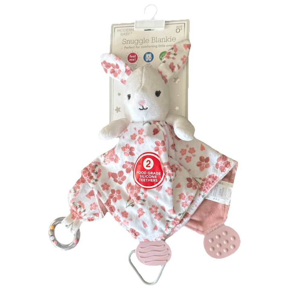 NWT Baby Bunny Lovey Rattle Plush Girl Security Blanket Pink Floral Modern Baby